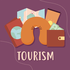 tourism lettering and bundle of travel icons on a purple background