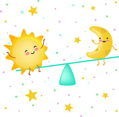 Kawaii cartoon sun and moon swing on a swing on a white background. Day of spring equinox. March 22

