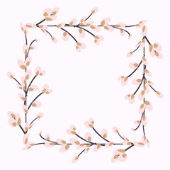 square frame made of willow twigs. Square Easter Frame.Vector flat illustration isolated on a white background. Design for invitations, postcards, printing.