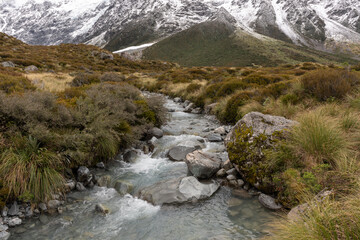 A small, mountain stream, on the Hooker Valley Track, Aoraki/Mount Cook National Park, Canterbury, New Zealand.