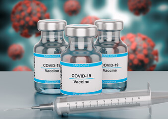 Bottle of vaccine against coronavirus cause of about Covid-19 on blurred background. Selective Focus