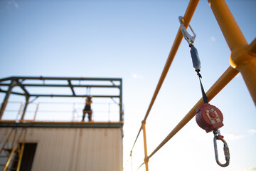 Safe work practices an inertia reel shock absorbing fall protection hook lanyard device clipping...