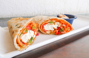 Cheese Paneer kathi roll or wrap, vegetarians Indian food