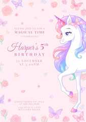 Birthday party invitation with unicorn, butterflies and flowers. Vector illustration on pink background. © Mus Illustrations