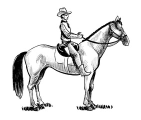 Cowboy riding a horse. Ink black and white drawing