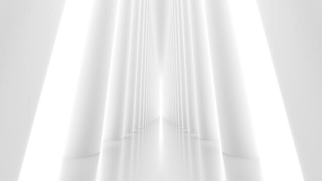 Futuristic empty white corridor with columns and bright light. Seamless looping animation