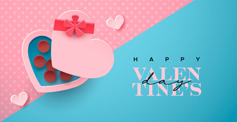 Happy Valentine's Day greeting card illustration in realistic 3d papercut style. Paper craft chocolate gifts, hearts and typography quote. Romantic february 14 holiday event design.