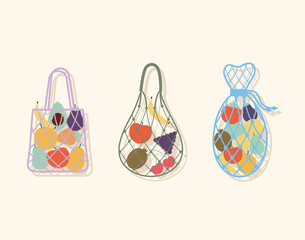 set of three eco bags with a fruits inside of it