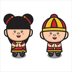 cute chinese couple karaker wearing traditional clothes with greeting pose, cute character vector eps 10 on white background