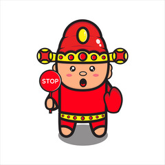 mascot illustration, god of prosperity, cute with stop sign, cute character, chinese god of prosperity, vector eps 10 on white background.