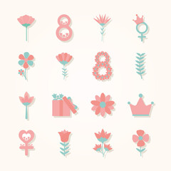 bundle of womens day icons on a light pink background