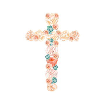Easter cross of Jesus made from summer plants and flowers. Isolated handmade collage from macro photos.