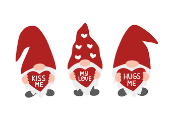 Valentine's day vector illustration set. Valentine gnome isolated on white background. Kiss me, Hugs me. Cute cartoon gnomes with heart. Template for greeting card, clipart, sticker, poster