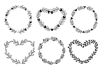 Floral wreath with leaves and heart set. Valentine's day greeting cards template. Vector romantic round frame isolated on white background. For wedding invitations, holiday typography.