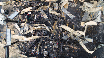 aerial view looking down of a burned building