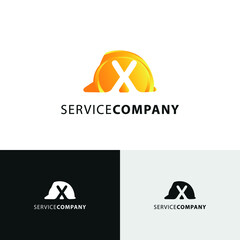 X Initial Letter and Hard Hat Protection Helmet. Safety Logo concept. Construction and Contractor building logo design