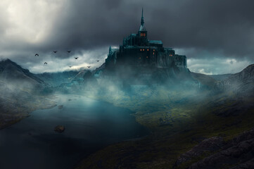 Fantasy castle in the fog