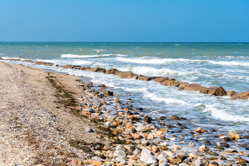 Scenery seascape ocean coastline, amazing panoramic sea shore beach landscape. Travel vacation background. Beautiful day near Adriatic coast, Rimini, Italy