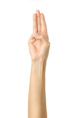 Three fingers folded together. Woman hand gesturing isolated on white - obrazy, fototapety, plakaty