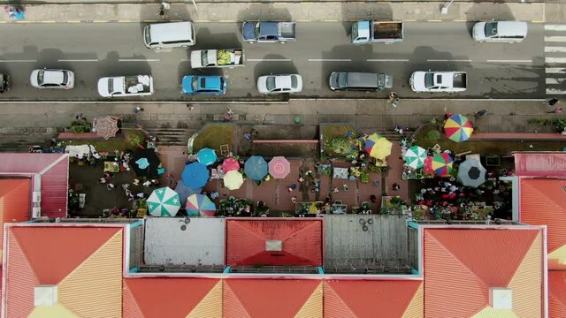Busy small local market locating in the city of Castries Saint Lucia. (birds eye)