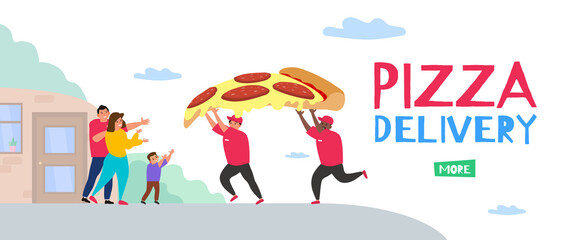 pizza delivery service couriers carrying big pepperoni slice to family near their house. vector illustration