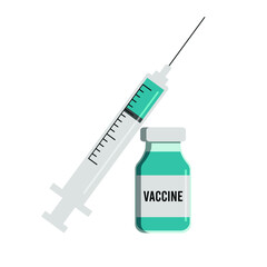disposable syringe with needle. Coronavirus vaccine injection, vaccination illustration. plastic syringe with needle. vaccine bottle. Isolated vector illustration.