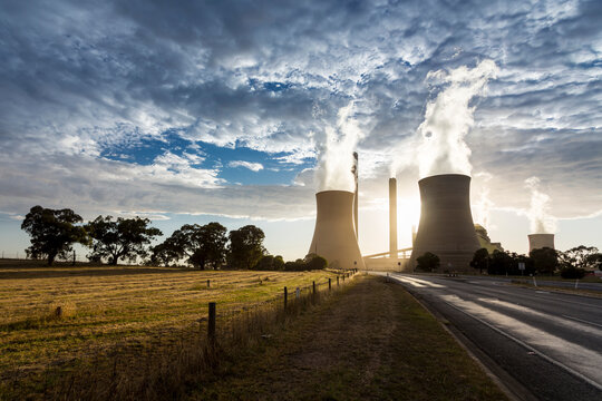 Smokestacks and cooling towers of coal fired power plants.