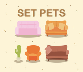 set of sofa chair cushions and potted plant decoration