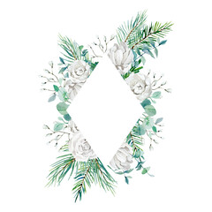 Watercolor white and blue floral frame with rose, eucalyptus branch, fir banch, twigs spruse, wild flower. Botanical illustration for greeting card, wedding card, baby shower, bridal shower.