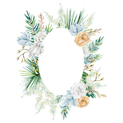 Watercolor white and blue floral frame with soft rose, fir branch, frozen golden flower, pampas grass, twigs spruse, wild flower. Botanical illustration for greting card, wedding card, baby shower