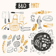 BBQ doodle set. Different elements, food, vegetables, fish and meat equipment