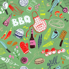 Summer barbecue seamless pattern with traditional elements, food, equipment.