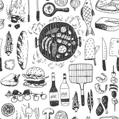 Summer barbecue seamless pattern with traditional elements, food, equipment. Bright - 408924152