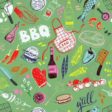 Summer Barbecue Seamless Pattern With Traditional Elements, Food, Equipment.