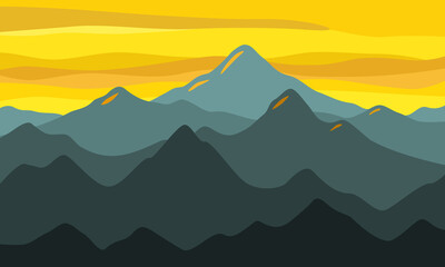 Mountains Landscape background in banner flat style. Gray mountains against a golden yellow sky. Poster design. Stylized peaks rock and clouds. Trending colors 2021. Abstract vector art. 
