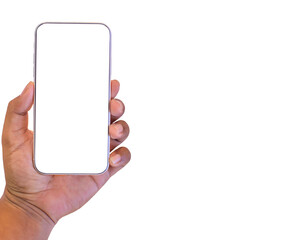 Vertical smartphone in holding a blank screen on white background with writing area or design: Internet communication concept with clipping path.