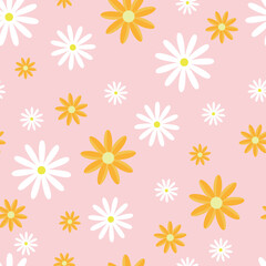 Seamless pattern from flowers. White chamomile, daisy and yellow calendula on a pink background. Endless ornament for textiles, bedding or clothing. Romantic design for packaging. Vector image