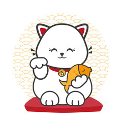 Cute cat holding fish vector. Traditional Japanese cat symbol of good luck.