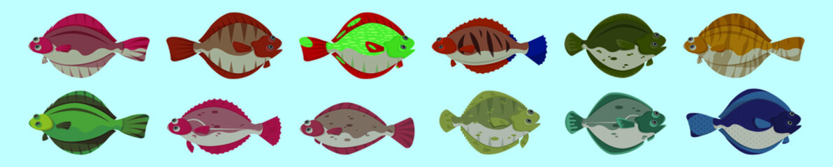 set of flounder fish cartoon icon design template with various models. vector illustration isolated on blue background