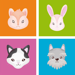 pet set icons, cat dog rabbit hamster color background