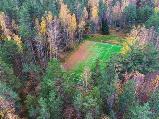 Aerial drone view of football soccer pitch field, green grass fall autumn vibrant pitch playground with fallen multicolored leaves in the forest, hidden in the woods © tsuguliev