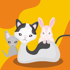 pets domestic animals cute cats and rabbit cartoon