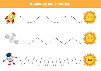 Trace the lines with cartoon rocket, Sun, astronaut and satellite. Writing skills practice.