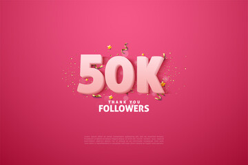 Thank you to 50k followers with soft white numbers on a pink background.