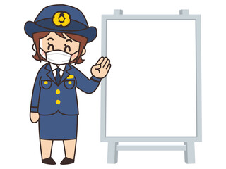 警察官の女性とホワイトボード　マスク