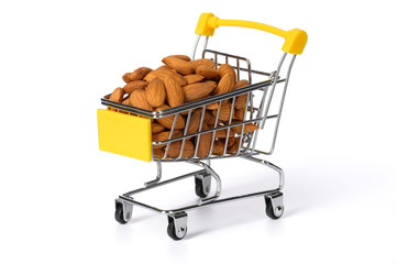 a metal cart filled with delicious almonds on a white insulated background.