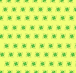 Schematic representation of a windmill, a turntable. Seamless repeating pattern to create gift wrapping paper. Pinwheel on a yellow background.