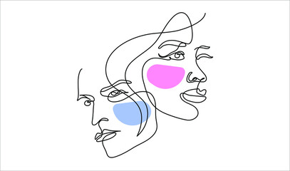 Continuous line surreal faces of the woman and man together