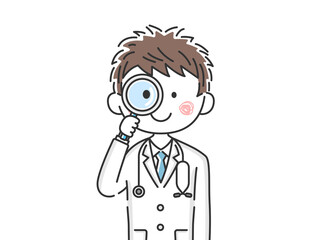 虫眼鏡で見る日本人医師のイラスト