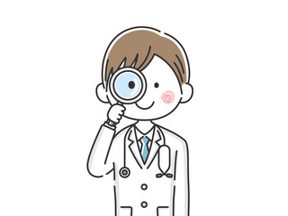 虫眼鏡で見る日本人医師のイラスト